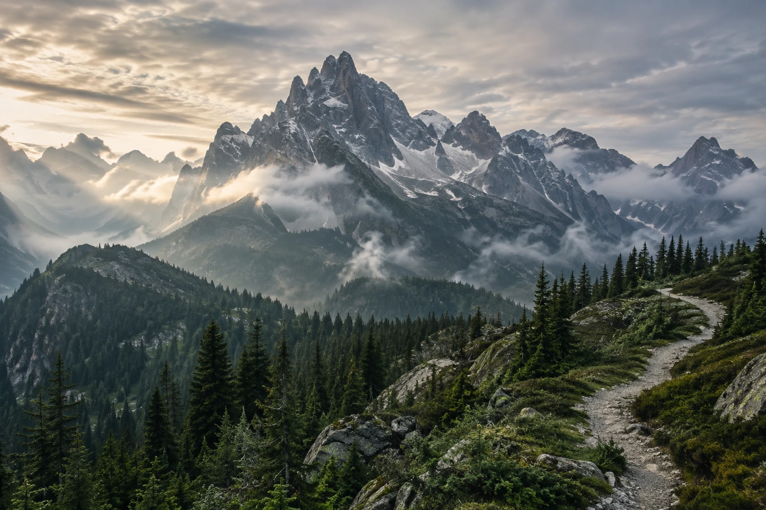 Misty alpine peaks rising above a dark forest