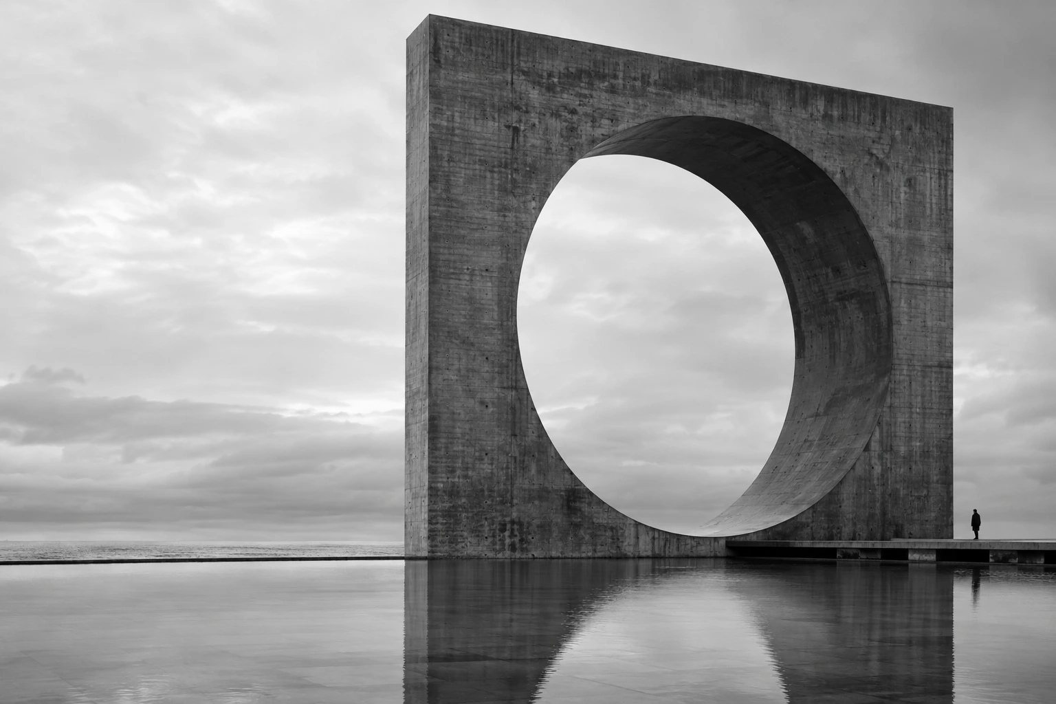 A monumental concrete structure with a circular opening reflected in still water