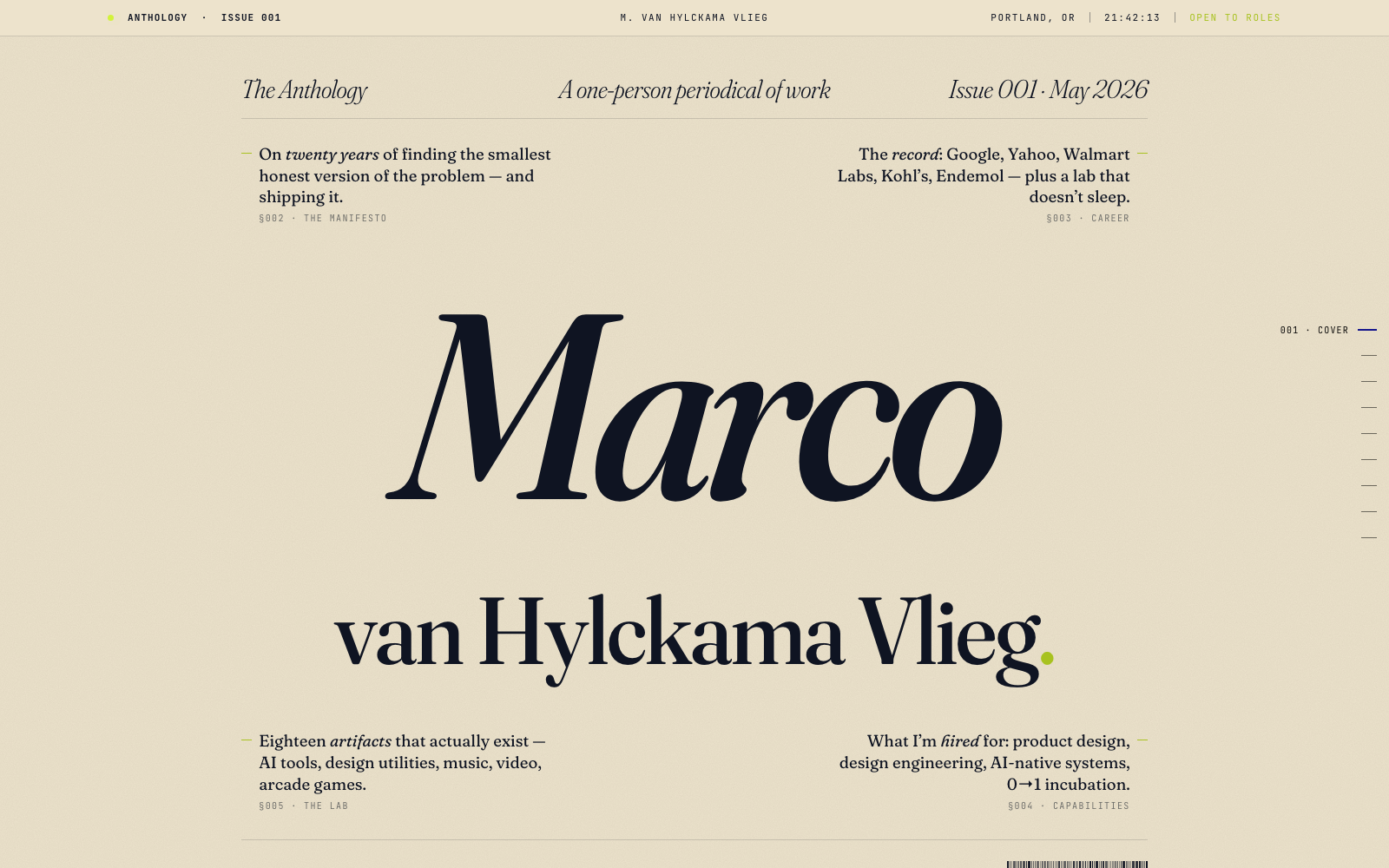 Anthology — magazine cover with massive italic name set in Fraunces