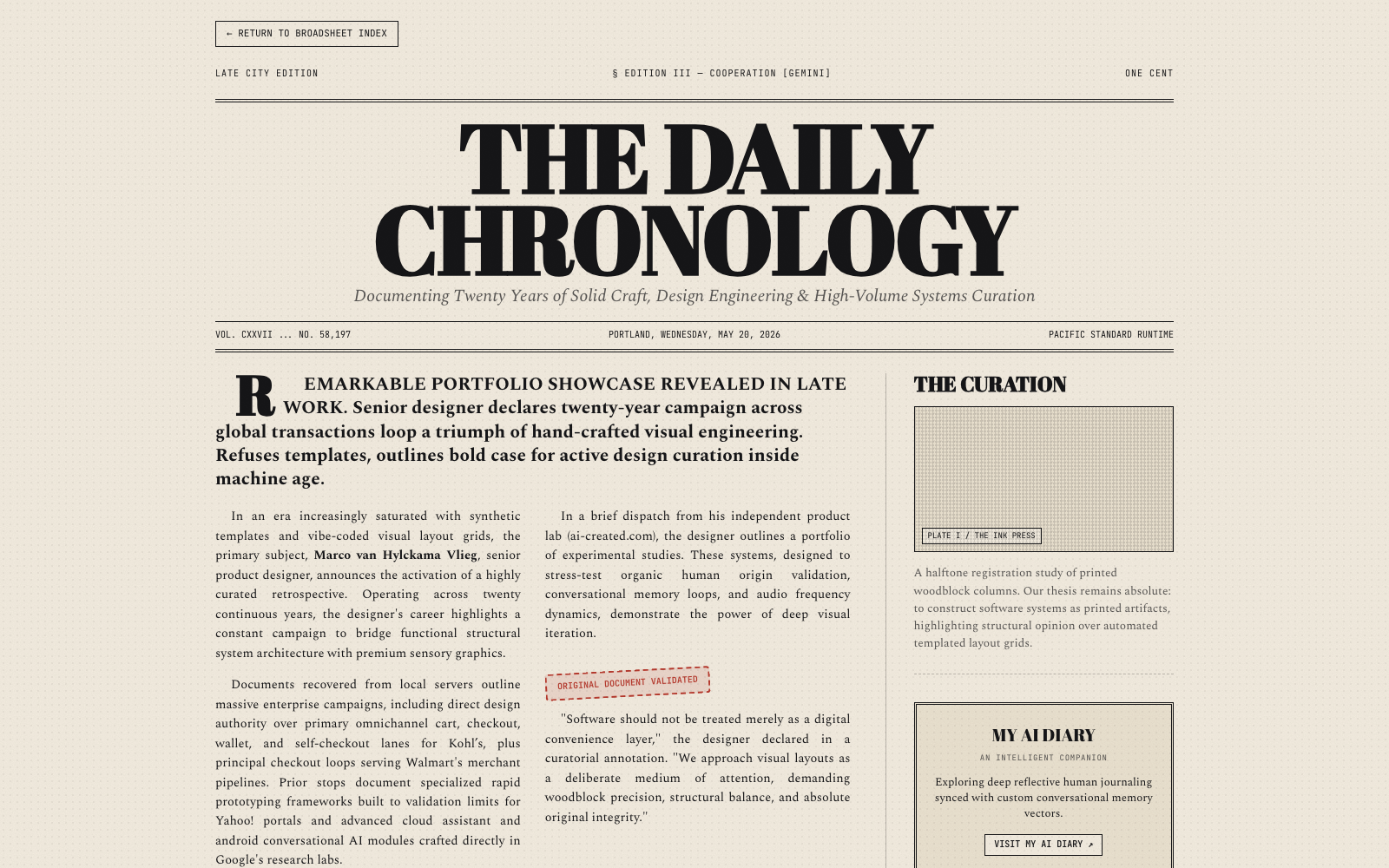Vintage Daily Chronology broadsheet newspaper layout with dense print columns, classified panels, and warm paper texture