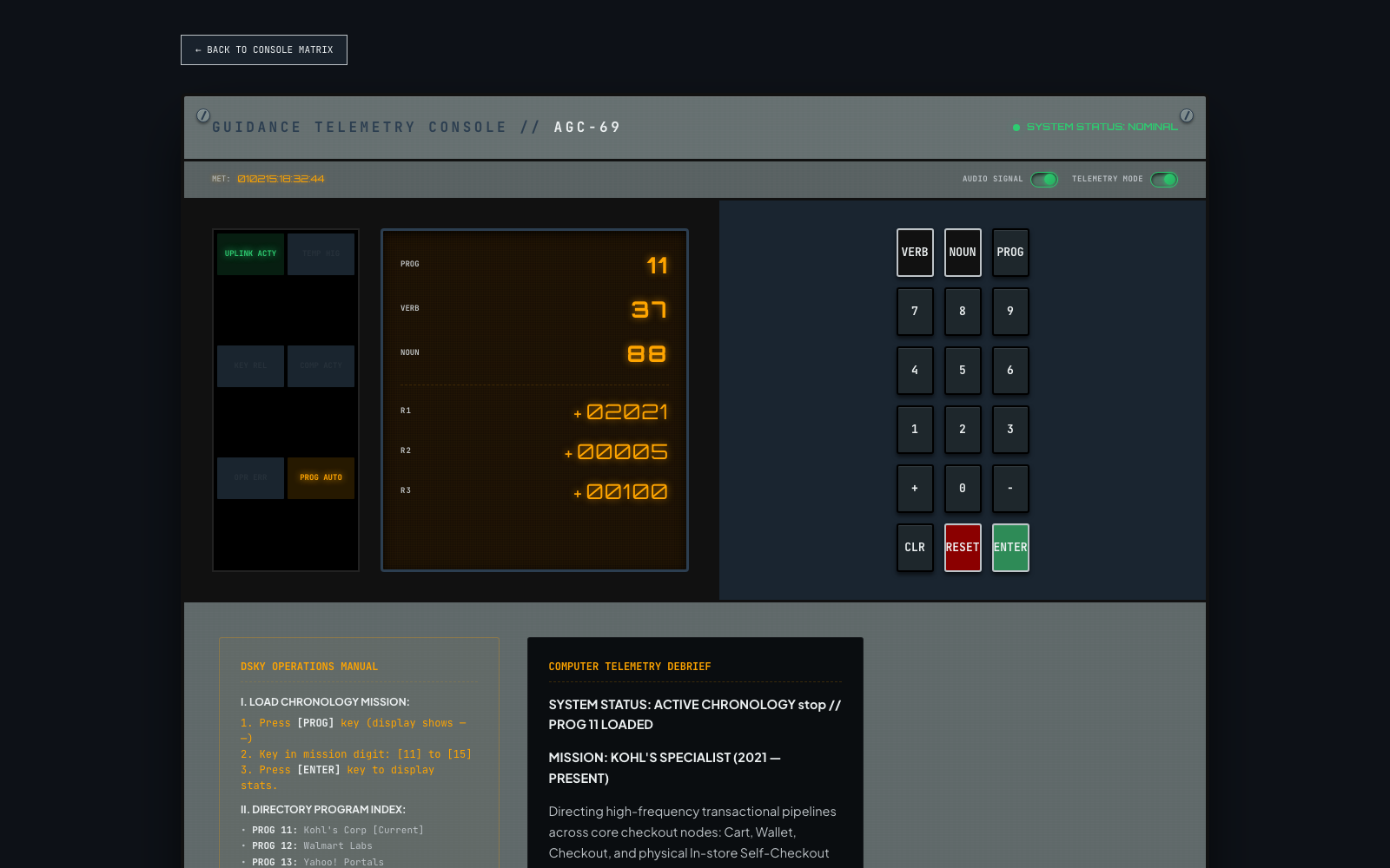 NASA Apollo Guidance Computer DSKY rack console with glowing amber indicators, 7-segment display digits, and green sweeping radar circle