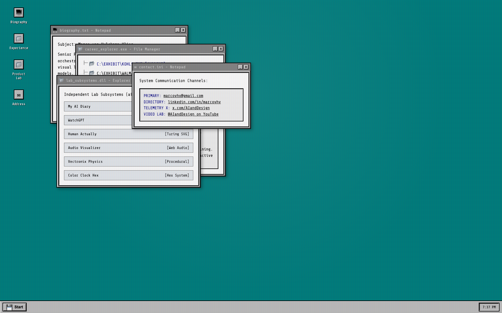 Nostalgic 16-bit System 95 operating system desktop on a teal background with open draggable silver windows and pixelated icons