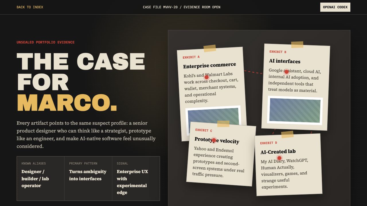 Case File MVHV-20 — a noir evidence board with red thread, pinned case cards, and redacted dossier sections