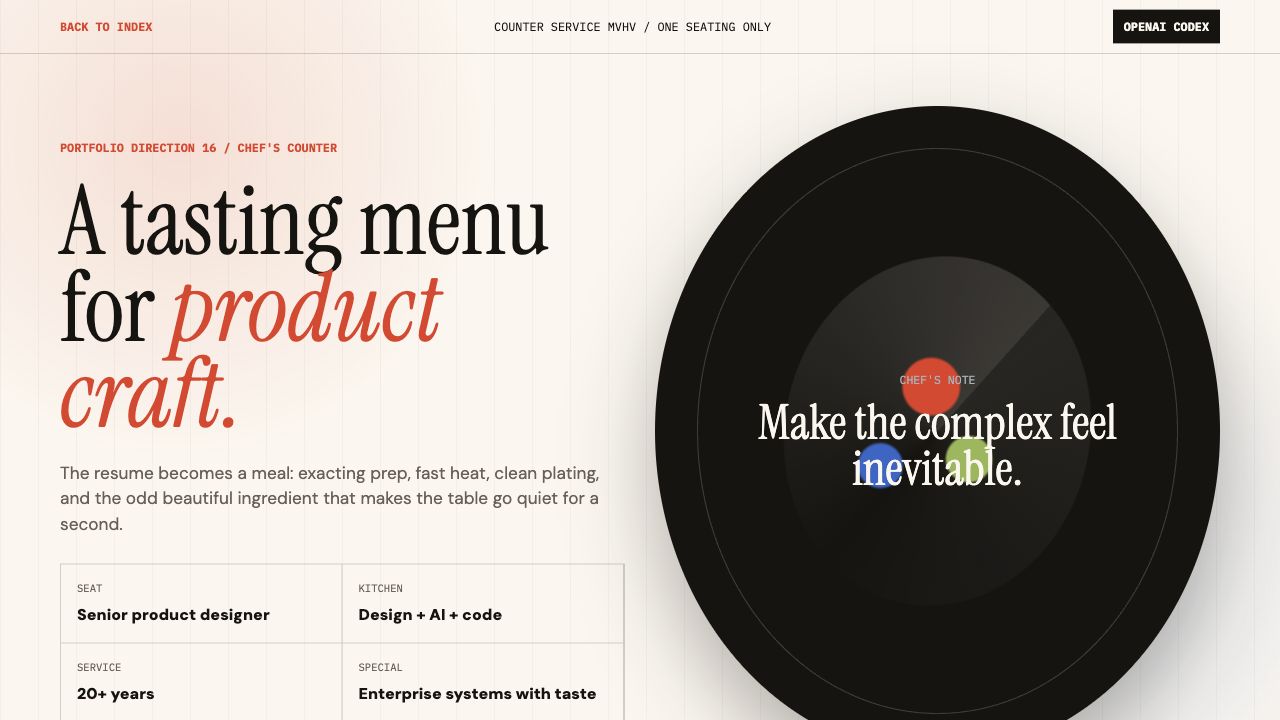 Counter Service MVHV — a product design tasting menu with rotating plated composition and course cards