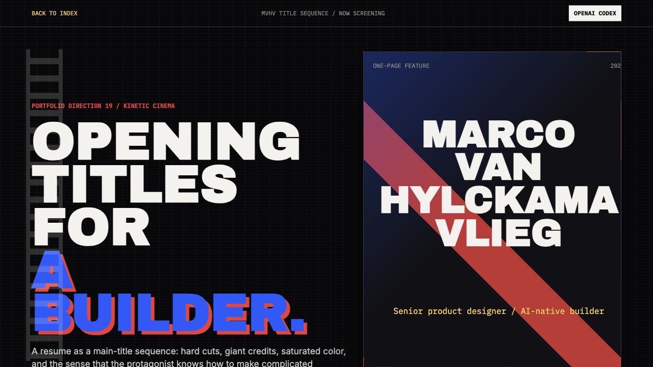 MVHV Title Sequence — a kinetic cinema poster with filmstrip, marquee credits, and bold red-blue typography