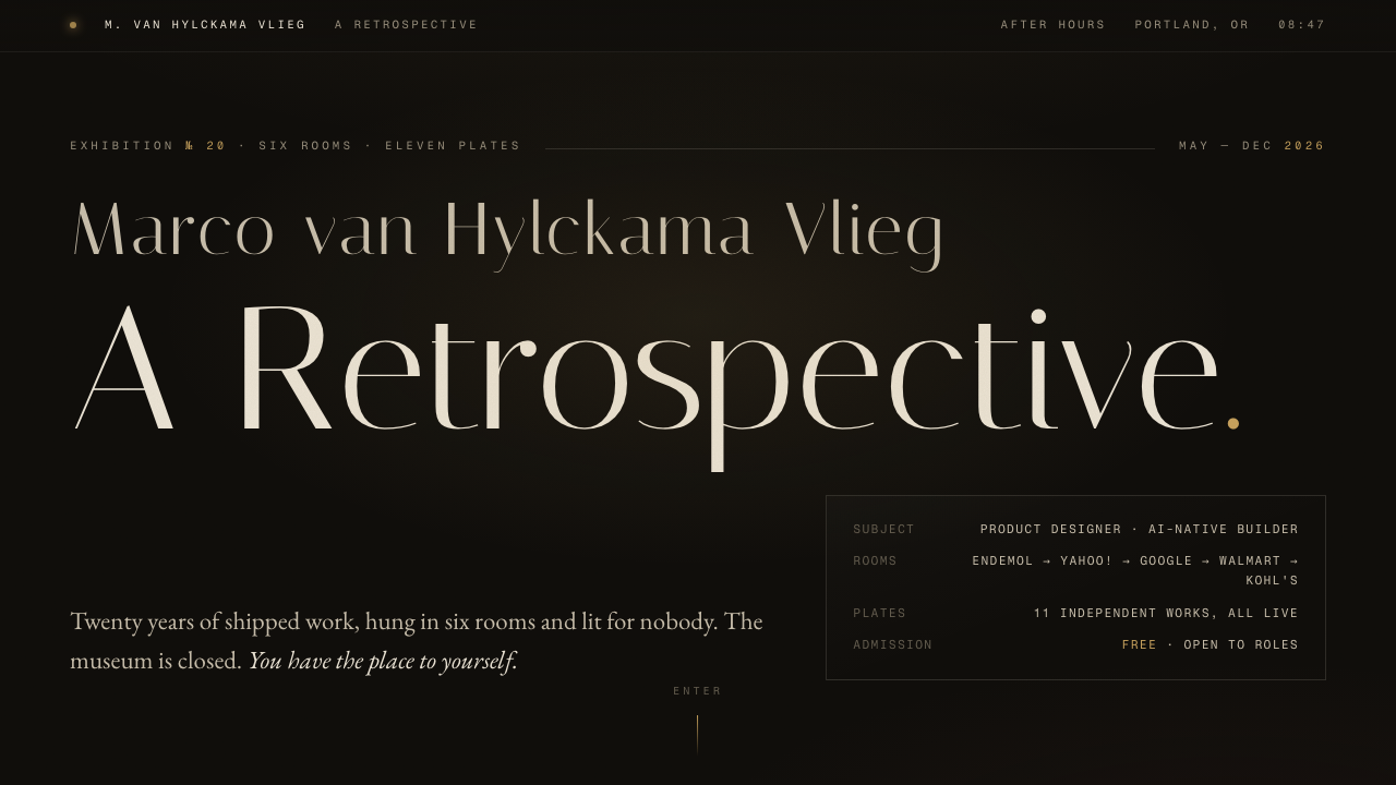 Nocturne — a museum retrospective seen after hours, charcoal walls, champagne hairlines, and huge Italiana serif headline