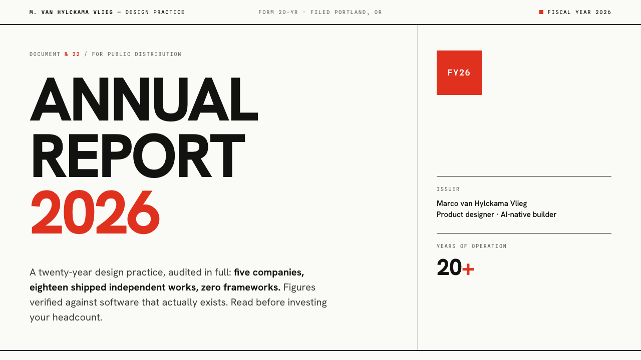 Annual Report 2026 — Swiss International Style cover with massive uppercase grotesque headline, red FY26 square, and rigorous grid