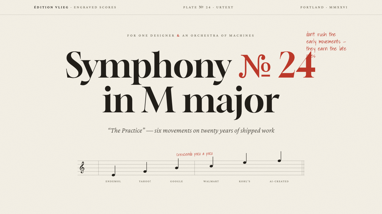 Symphony № 24 in M major — engraved orchestral score title page with staff lines, rising career notes, and red conductor's pencil annotations