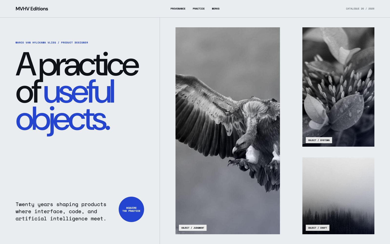 Editions 26, a cold-luxury portfolio catalogue in silver grey and cobalt