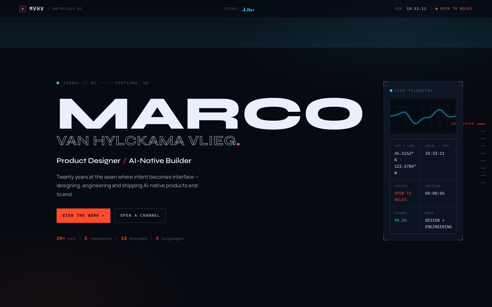 Signal 29, a mission-control portfolio in deep space navy with signal coral and data cyan telemetry