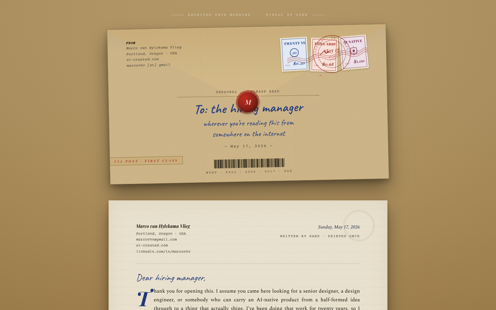 A piece of physical correspondence — envelope with stamps and letter