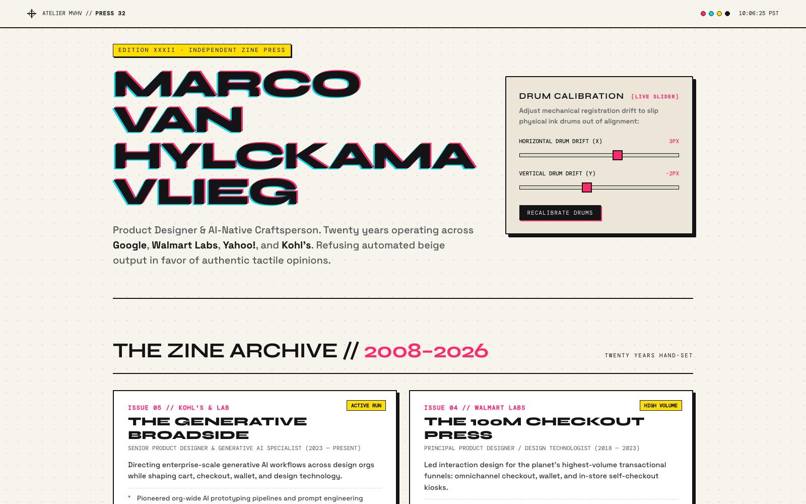 Risograph MVHV 32, a fluorescent three-drum mechanical zine press in neon pink and cyan