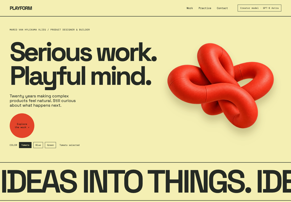Playform, a butter and tomato portfolio with an inflated abstract sculpture