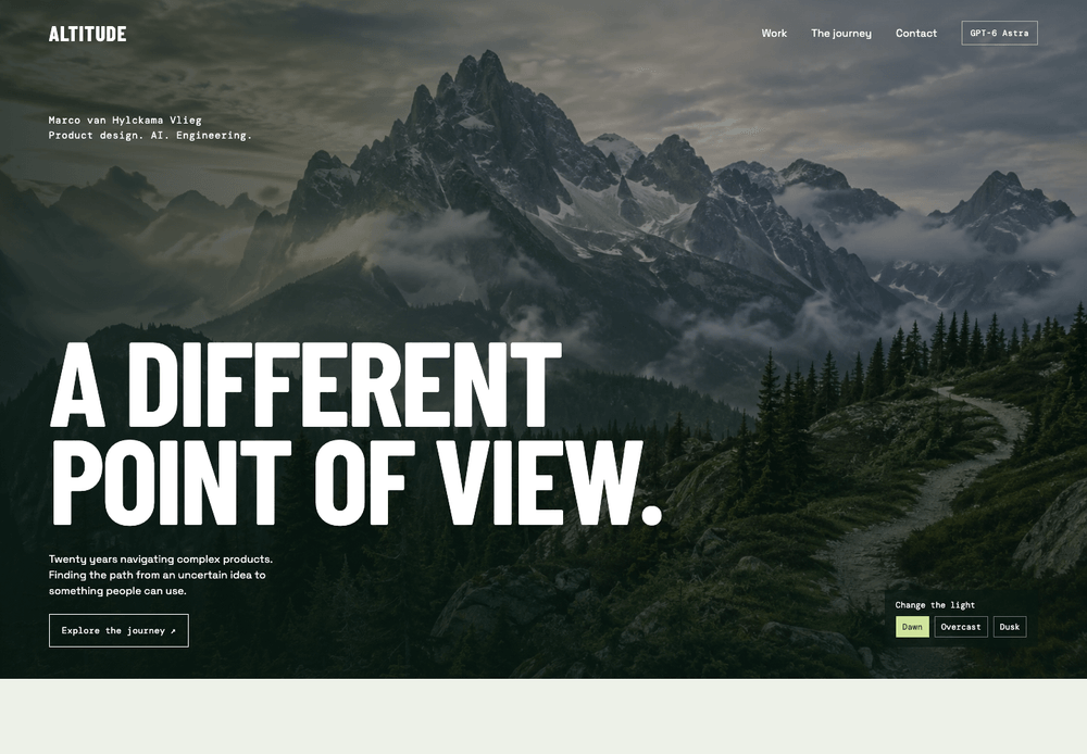 Altitude, a cinematic alpine landscape portfolio in forest green and mist