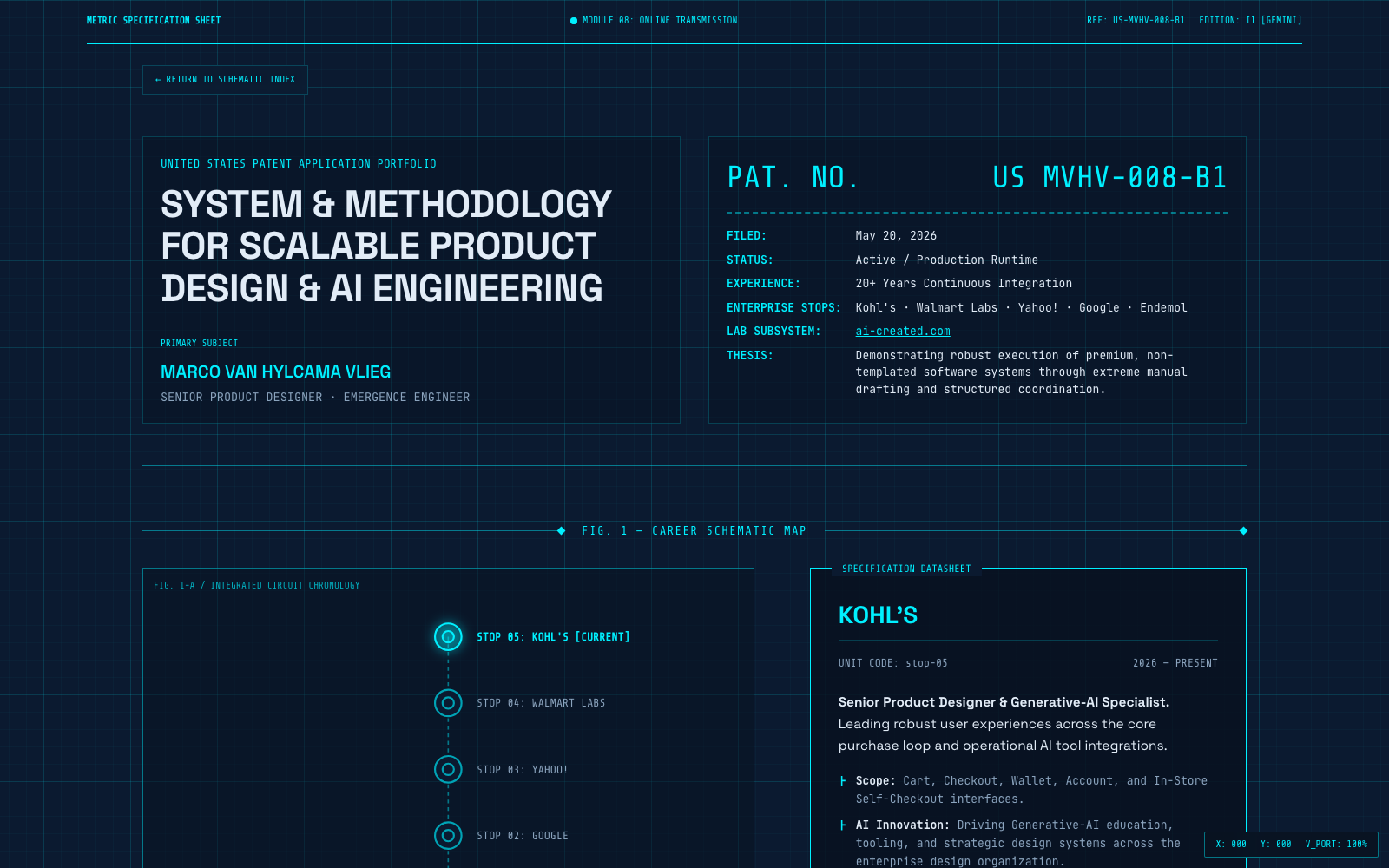 US Patent Application — blueprint layout with neon cyan grid schematic lines and specification lists