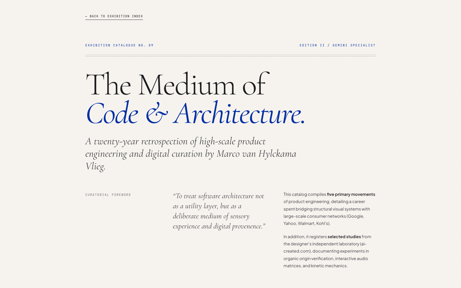 Galerie Moderne — minimal luxury fine art exhibition catalog with Yves Klein Blue blocks